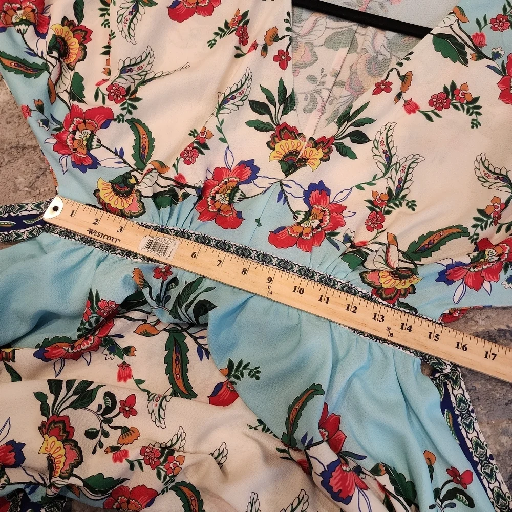 Umgee Kimono Sleeve Hankerchief Hem Blue Printed Boho Dress Stretch Waist Medium - Picture 13 of 13